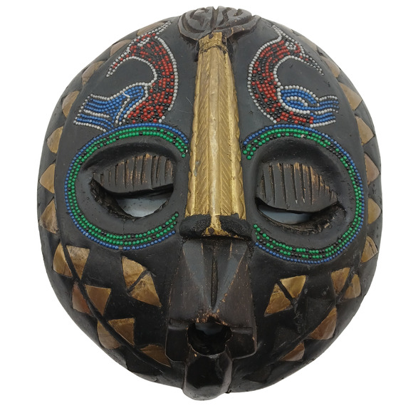 VTG 12” African Ghana Hand Made Carved Baluba Moon Wood Beaded Mask Tribal - Picture 2 of 12